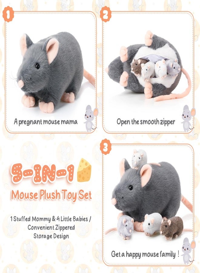 Arrowbash مجموعة حيوانات محشوة على شكل فأر من آروباش مكونة من 5 قطع - فأرة أم كبيرة الحجم مقاس 14 بوصة مع 4 فئران صغيرة في بطنها المحشو بسحاب، ألعاب فئران محشوة للأطفال من الجنسين، هدية عيد الحب أو عيد الميلاد (تصميم لطيف). - Image 4